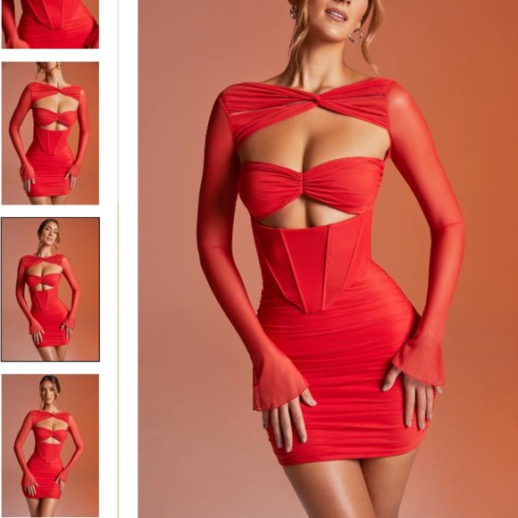 (WORN ONCE) Oh Polly Nirvana Long Sleeved Red Ruched Mini Dress - Picture 4 of 6